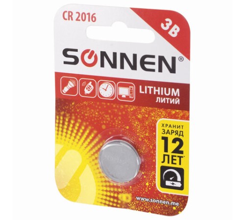 Батарейка литиевая SONNEN Lithium CR2016 "таблетка, дисковая, кнопочная" 1 шт., блистер, 451972