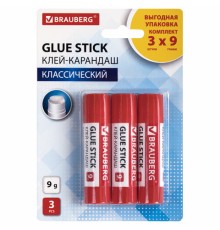 Клей-карандаш 9 г ВЫГОДНАЯ УПАКОВКА BRAUBERG, 3 штуки на блистере, 271305