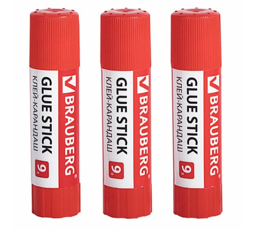 Клей-карандаш 9 г ВЫГОДНАЯ УПАКОВКА BRAUBERG, 3 штуки на блистере, 271305