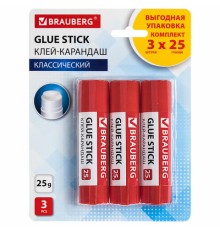 Клей-карандаш 25 г ВЫГОДНАЯ УПАКОВКА BRAUBERG, 3 штуки на блистере, 271306