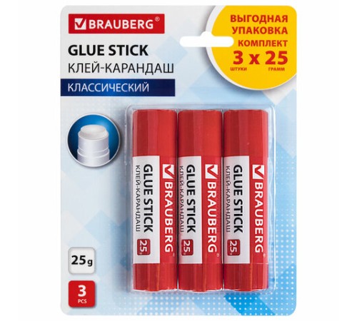 Клей-карандаш 25 г ВЫГОДНАЯ УПАКОВКА BRAUBERG, 3 штуки на блистере, 271306