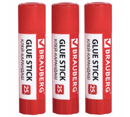 Клей-карандаш 25 г ВЫГОДНАЯ УПАКОВКА BRAUBERG, 3 штуки на блистере, 271306