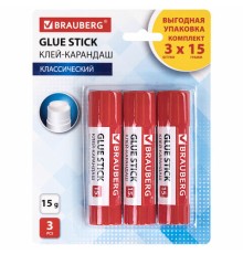 Клей-карандаш 15 г ВЫГОДНАЯ УПАКОВКА BRAUBERG, 3 штуки на блистере, 271307