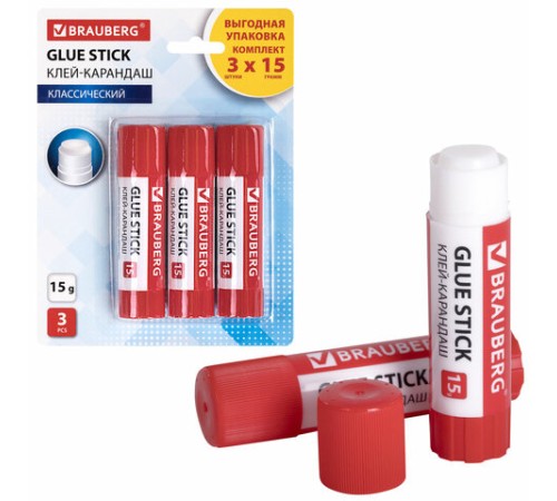 Клей-карандаш 15 г ВЫГОДНАЯ УПАКОВКА BRAUBERG, 3 штуки на блистере, 271307
