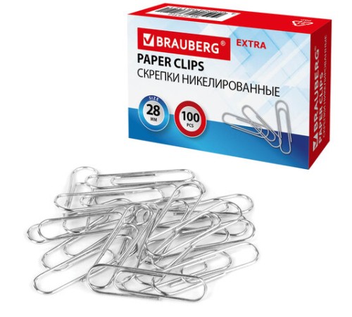 Скрепки EXTRA BRAUBERG 28 мм никелированные 100 штук, 271312