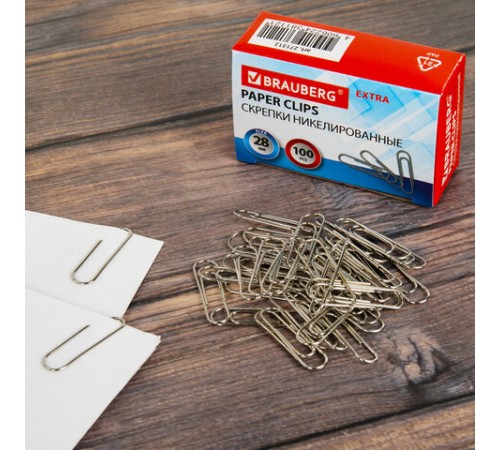 Скрепки EXTRA BRAUBERG 28 мм никелированные 100 штук, 271312