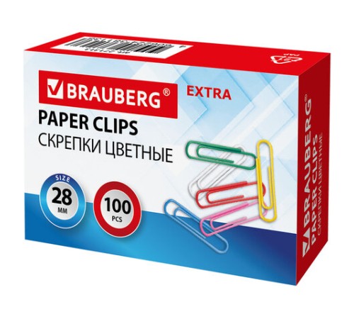 Скрепки EXTRA BRAUBERG 28 мм цветные 100 штук, 271313