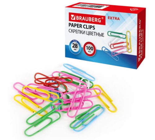 Скрепки EXTRA BRAUBERG 28 мм цветные 100 штук, 271313