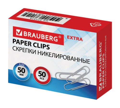 Скрепки большие EXTRA BRAUBERG 50 мм никелированные 50 штук, 271314