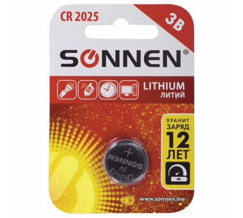 Батарейка литиевая SONNEN Lithium CR2025 "таблетка, дисковая, кнопочная" 1 шт., блистер, 451973 Батарейка литиевая SONNEN Lithium CR2025 "таблетка, дисковая, кнопочная" 1 шт., блистер, 451973