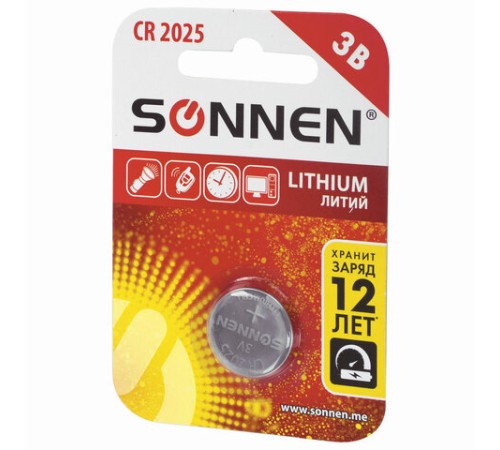 Батарейка литиевая SONNEN Lithium CR2025 "таблетка, дисковая, кнопочная" 1 шт., блистер, 451973 Батарейка литиевая SONNEN Lithium CR2025 "таблетка, дисковая, кнопочная" 1 шт., блистер, 451973
