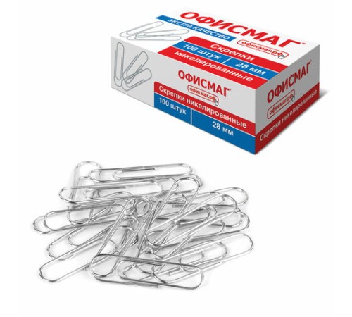 Скрепки ЭКСТРА ОФИСМАГ 28 мм никелированные 100 штук, 271315
