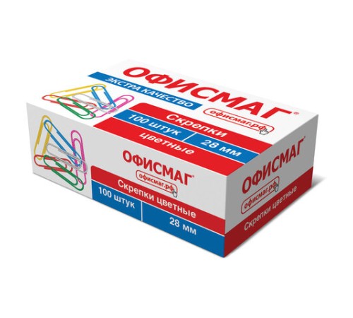 Скрепки ЭКСТРА ОФИСМАГ 28 мм цветные 100 штук, 271316
