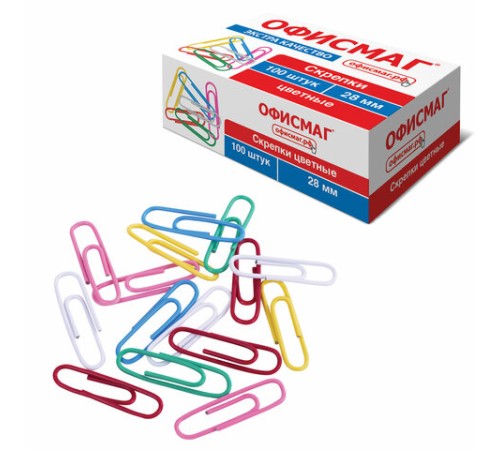 Скрепки ЭКСТРА ОФИСМАГ 28 мм цветные 100 штук, 271316
