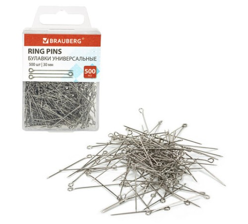 Булавки универсальные с головками-петельками BRAUBERG, 30 мм, 500 штук, в пластиковой коробке, 271319