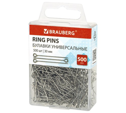 Булавки универсальные с головками-петельками BRAUBERG, 30 мм, 500 штук, в пластиковой коробке, 271319
