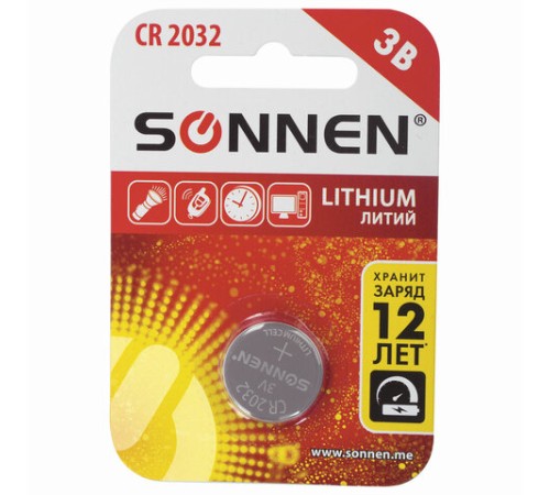 Батарейка литиевая SONNEN Lithium CR2032 "таблетка, дисковая, кнопочная" 1 шт., блистер, 451974