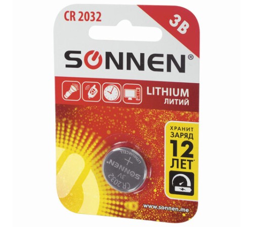 Батарейка литиевая SONNEN Lithium CR2032 "таблетка, дисковая, кнопочная" 1 шт., блистер, 451974