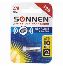 Батарейка SONNEN Alkaline, 27А (MN27), алкалиновая, для сигнализаций, 1 шт., в блистере, 451976