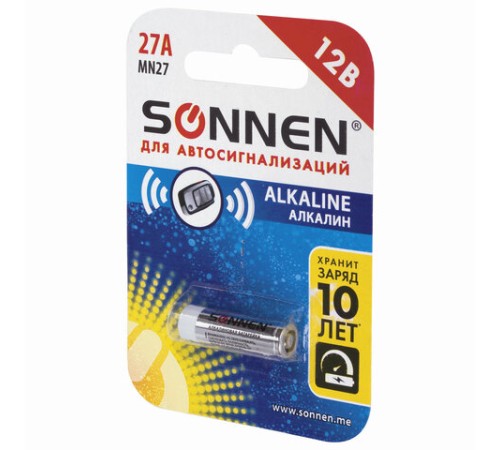 Батарейка SONNEN Alkaline, 27А (MN27), алкалиновая, для сигнализаций, 1 шт., в блистере, 451976 Батарейка SONNEN Alkaline, 27А (MN27), алкалиновая, для сигнализаций, 1 шт., в блистере, 451976