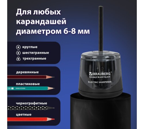 Точилка электрическая BRAUBERG DOUBLE BLADE BLACK, двойное лезвие, питание от 2 батареек АА, 271336