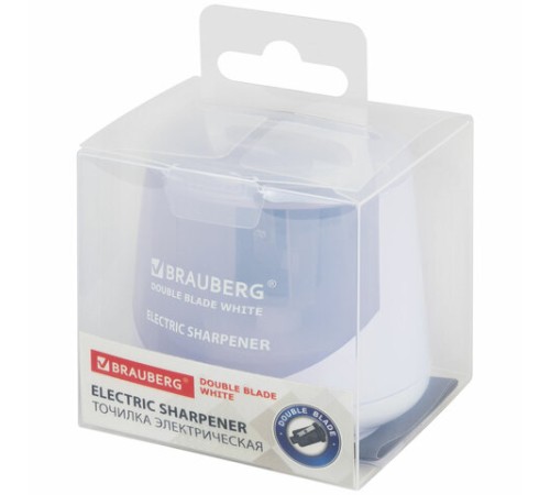 Точилка электрическая BRAUBERG DOUBLE BLADE WHITE, двойное лезвие, питание от 2 батареек, 271337
