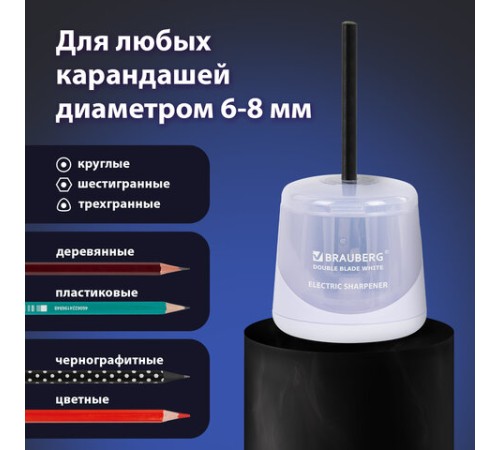 Точилка электрическая BRAUBERG DOUBLE BLADE WHITE, двойное лезвие, питание от 2 батареек, 271337
