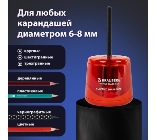 Точилка электрическая BRAUBERG DOUBLE BLADE RED, двойное лезвие, питание от 2 батареек АА, 271338