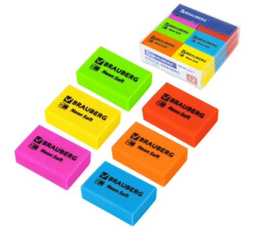 Ластики BRAUBERG NEON SOFT НАБОР 12 штук, размер ластика 31х20х10 мм, экологичный ПВХ, 271339