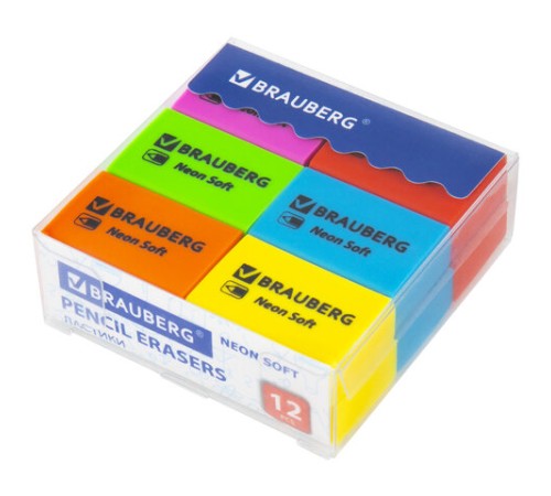 Ластики BRAUBERG NEON SOFT НАБОР 12 штук, размер ластика 31х20х10 мм, экологичный ПВХ, 271339