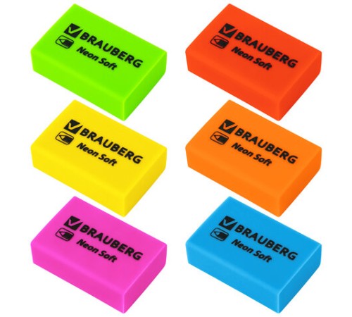Ластики BRAUBERG NEON SOFT НАБОР 12 штук, размер ластика 31х20х10 мм, экологичный ПВХ, 271339