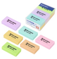 Ластики BRAUBERG PASTEL SOFT НАБОР 6 шт., размер ластика 45х25х10 мм, экологичный ПВХ, 271340