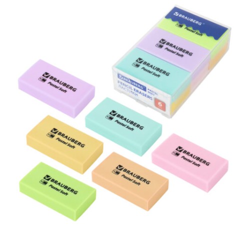 Ластики BRAUBERG PASTEL SOFT НАБОР 6 шт., размер ластика 45х25х10 мм, экологичный ПВХ, 271340