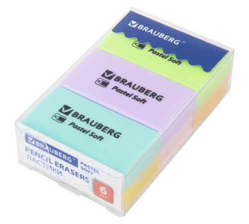 Ластики BRAUBERG PASTEL SOFT НАБОР 6 шт., размер ластика 45х25х10 мм, экологичный ПВХ, 271340