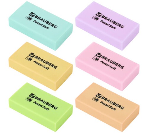 Ластики BRAUBERG PASTEL SOFT НАБОР 6 шт., размер ластика 45х25х10 мм, экологичный ПВХ, 271340