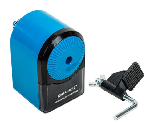 Точилка механическая BRAUBERG ULTRA для чернографитных и цветных карандашей, крепление к столу, цвет корпуса голубой с черным, 271342