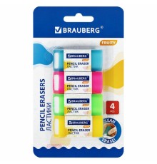 Ластики полупрозрачные BRAUBERG FRUITY НАБОР 4 штуки, размер ластика 54х23х10 мм, упаковка блистер, 271343