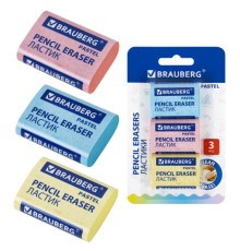 Ластики BRAUBERG PASTEL MAXI НАБОР 3 штуки, размер ластика 44х32х13 мм, упаковка блистер, 271345