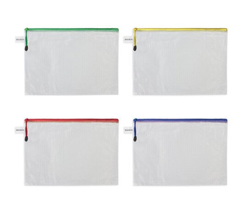 Папка-конверт СУПЕР КОМПЛЕКТ на молнии ПЛОТНЫЕ 4 штуки А4, сетчатая, BRAUBERG, 271348