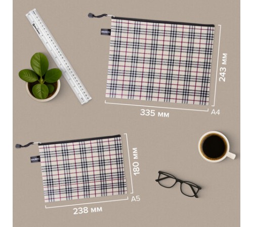 Папка-конверт СУПЕР КОМПЛЕКТ на молнии, 6 штук (А4 - 2 шт., А5 - 4 шт.), ткань в клетку, BRAUBERG, 271350