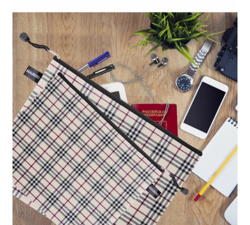 Папка-конверт СУПЕР КОМПЛЕКТ на молнии, 6 штук (А4 - 2 шт., А5 - 4 шт.), ткань в клетку, BRAUBERG, 271350