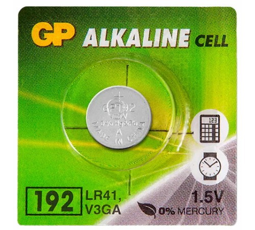 Батарейка GP Alkaline 192 (G3, LR41), алкалиновая, 1 шт., в блистере (отрывной блок), 192-2CY, 4891199015533