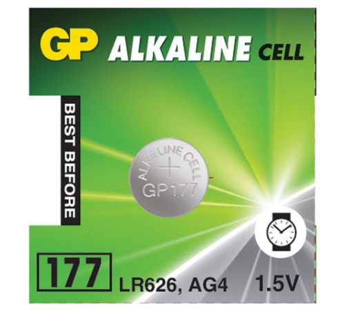 Батарейка GP Alkaline 177 (G4, LR626), алкалиновая, 1 шт., в блистере (отрывной блок), 177-2CY, 4891199026690 Батарейка GP Alkaline 177 (G4, LR626), алкалиновая, 1 шт., в блистере (отрывной блок), 177-2CY, 4891199026690