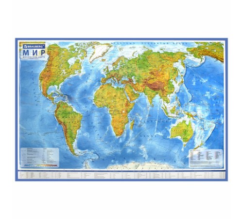 Карта мира физическая 120х78 см, 1:25М, с ламинацией, интерактивная, в тубусе, BRAUBERG, 112380