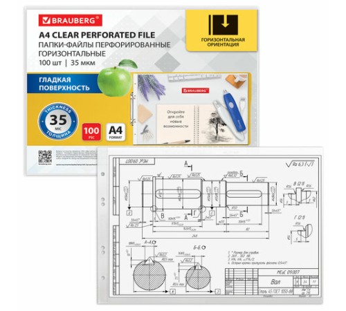 Папки-файлы перфорированные горизонтальной ориентации А4 BRAUBERG, КОМПЛЕКТ 100 шт., 35 мкм, 271829