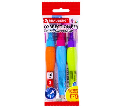 Ручка-корректор 10 мл ВЫГОДНАЯ УПАКОВКА, КОМПЛЕКТ 3 штуки, BRAUBERG MIX, 271921