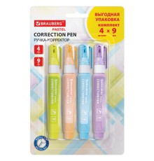 Ручка-корректор 9 мл ВЫГОДНАЯ УПАКОВКА, КОМПЛЕКТ 4 штуки, BRAUBERG PASTEL, 271922