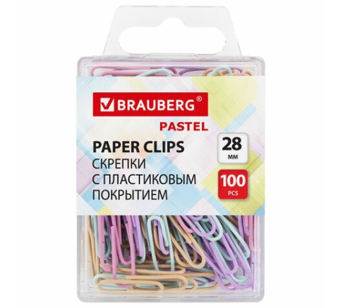 Скрепки BRAUBERG PASTEL, 28 мм, пастельные цвета, 100 шт., в пластиковой коробке, 271956