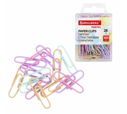 Скрепки BRAUBERG PASTEL, 28 мм, пастельные цвета, 100 шт., в пластиковой коробке, 271956