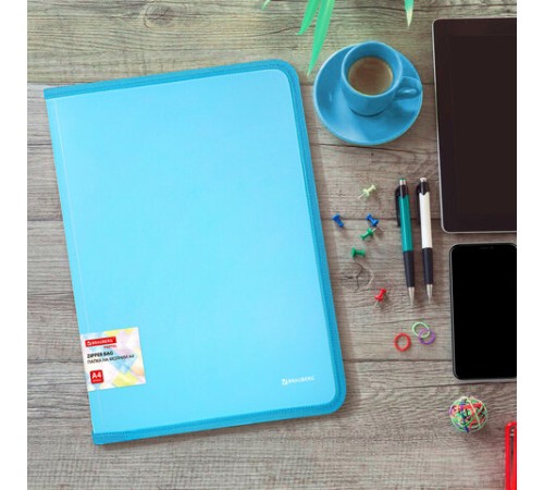 Папка объемная на молнии пластиковая BRAUBERG PASTEL, А4, 330х240 мм, 600 мкм, цвет аквамарин, 271970